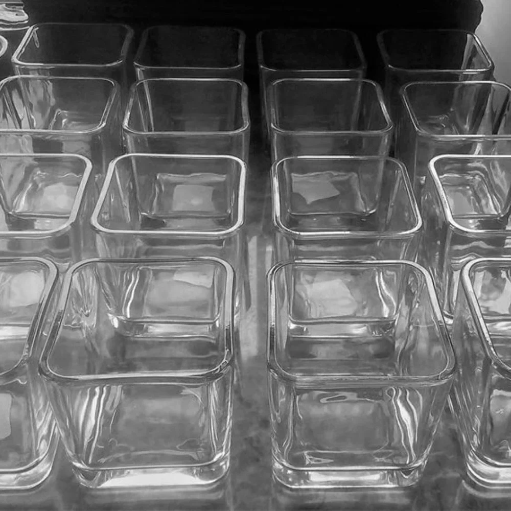 Set of 4 Libbey Clear Glass Cube Votive Holders / Condiment Jars